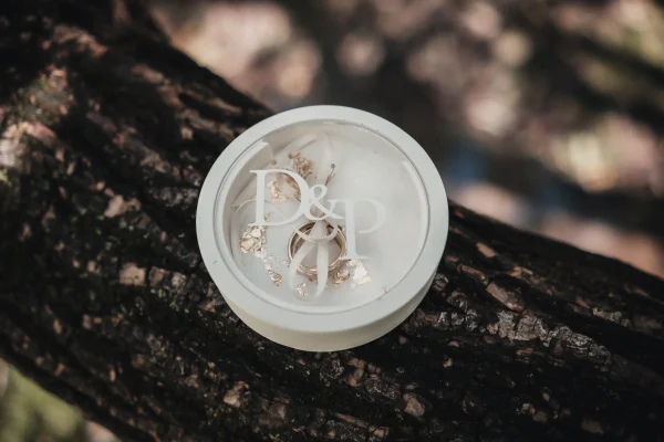 Detailaufnahme der Eheringe des Brautpaares in einer personalisierten Box mit den Initialen „D & P“. Der Ringhalter ruht auf einem Baumstamm und fängt das natürliche Licht perfekt ein.