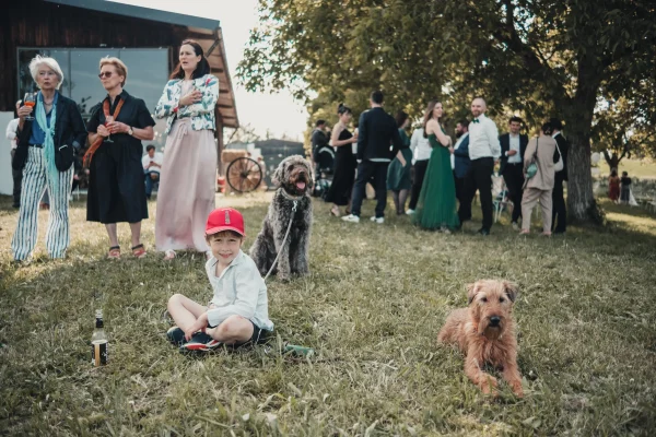 Kind mit Hund an der Leine auf der Wiese sitzend. Hochzeitsgäste im Hintergrund.