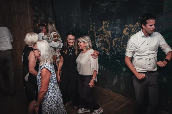 Fröhliche Hochzeitsgäste auf der Tanzfläche, ausgelassene Stimmung und pure Lebensfreude.